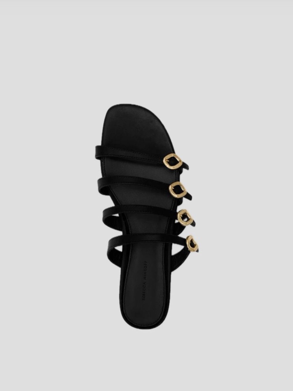 Rebecca Minkoff Black Strappy Slide Sandals with Gold Accent
